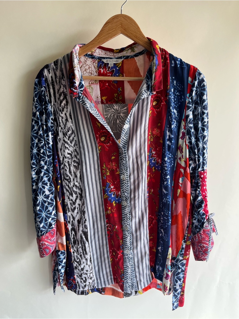 John Mark Floral Mixed Media Button Up Shirt Wire Collar Shapeable Sz Lg EUC